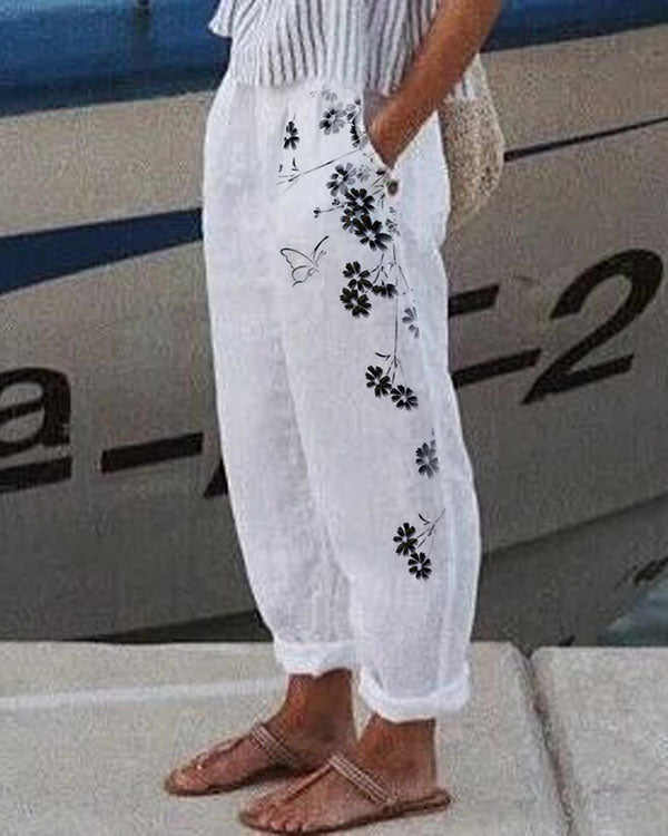 Casual Loosen Linen & cotton Pockets Floral Pants