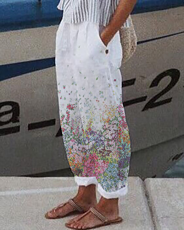 Casual Loosen Linen & cotton Pockets Floral Pants
