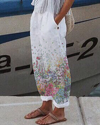 Casual Loosen Linen & cotton Pockets Floral Pants