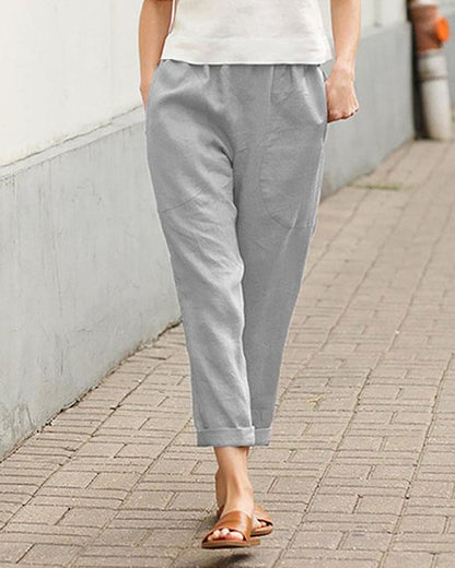 Casual Solid Pocket Elastic Waist Linen Pants