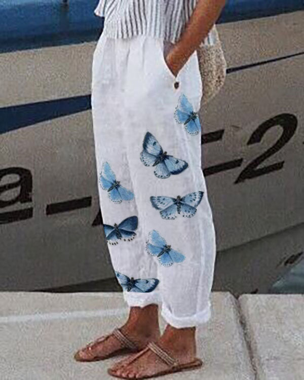Casual Loosen Linen & cotton Pockets Floral Pants