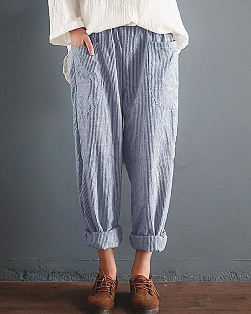 Casual Striped Pockets Cotton Linen Pants