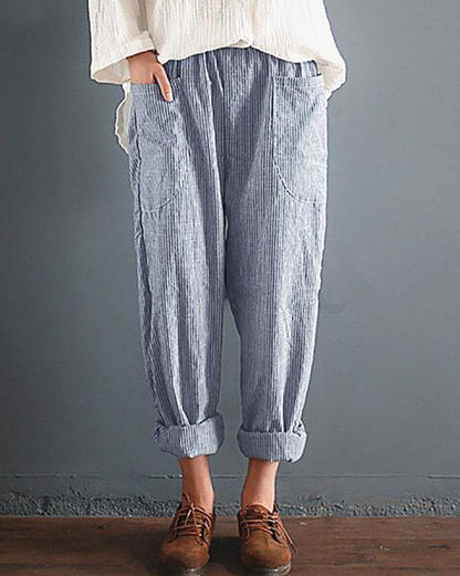 Casual Striped Pockets Cotton Linen Pants