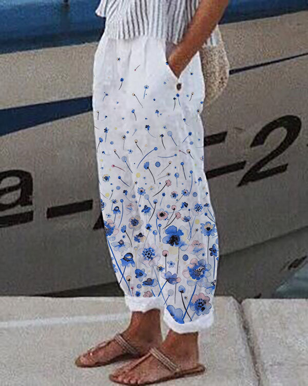Casual Loosen Linen & cotton Pockets Floral Pants