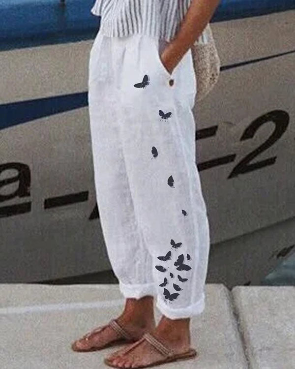 Casual Loosen Linen & cotton Pockets Floral Pants