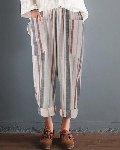 Casual Striped Pockets Cotton Linen Pants
